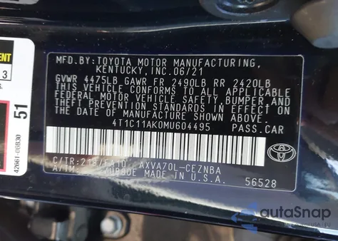 2021 Toyota Camry Le z USA, uszkodzony, nr VIN 4T1C11AK0MU604495